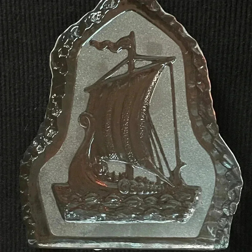 Bookend - Nybro Glass carved ship‎ -made in Sweden